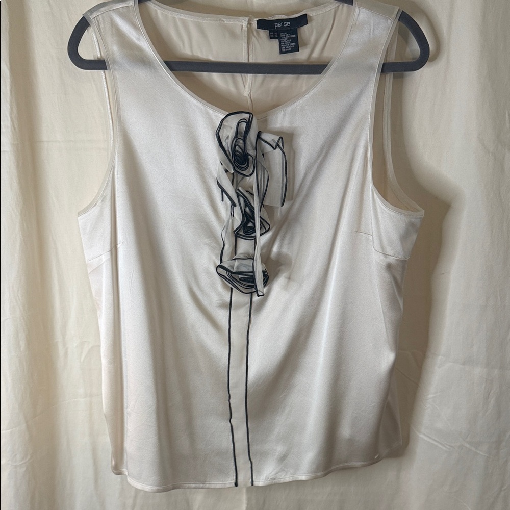 Per Se Ivory Sleeveless Camisole with Black Trim Ruffle